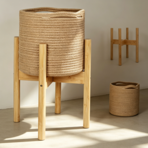 Indoor Round Wicker Plant Basket with Bamboo Stand