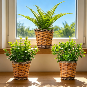 3 Pack Mini Artificial Fern and Eucalyptus in Rattan Pots